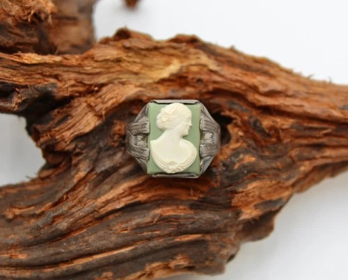 Antique Victorian Silver Ornate Cameo Ring Size 9.5