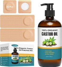 50 Pack Castor Oil Patches Kit with 8 oz Cold Pressed, Hexane Free, Castor Oils