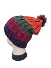 Image of Ladies Chunky Stripe Pom Pom Beanie Bobble Hat Winter Warm Ski Xmas Gift New