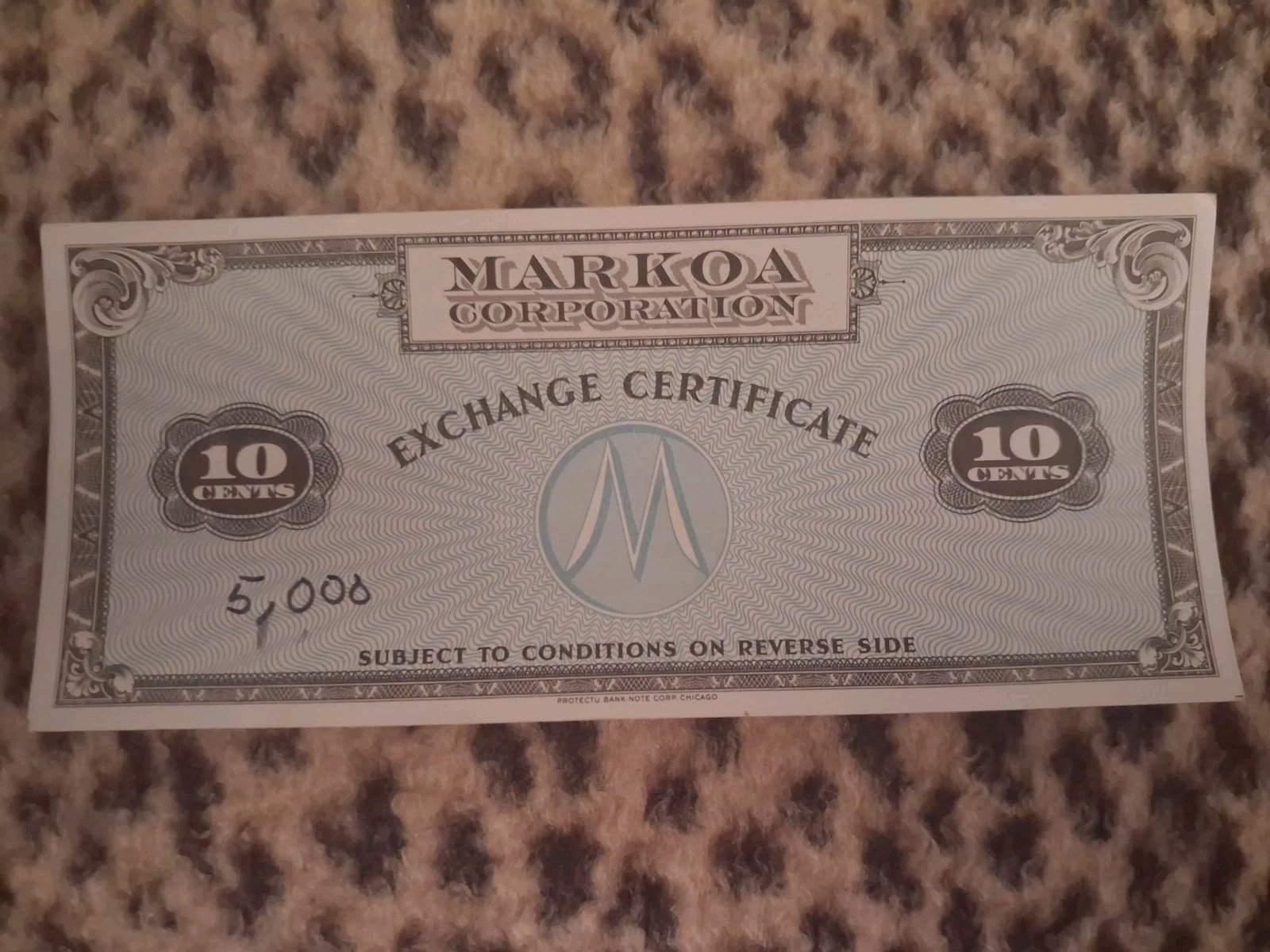 Markoa Corporation 10 Cents Exchange Certificate Bond
