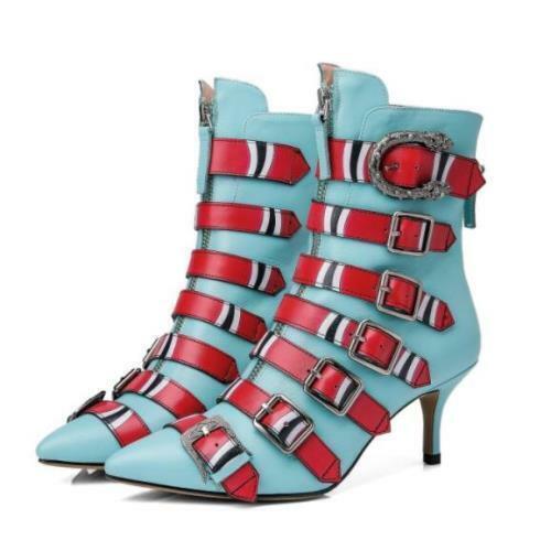 Womens Multi Color Ankle Boots Pointy toe Buckle Meta Stilettos High Heel Shoes - Picture 6 of 16