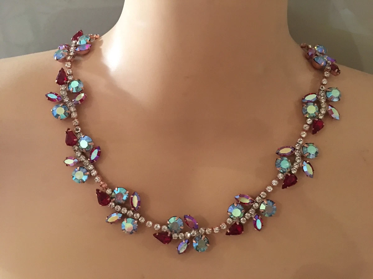 1960s Vintage Hobe Designer Austrian Siam AB Rhinestone Necklace 57