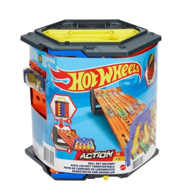 Hot Wheels Roll Out Raceway Track Set, Storage Bucket Unrolls into 5-Lane Race