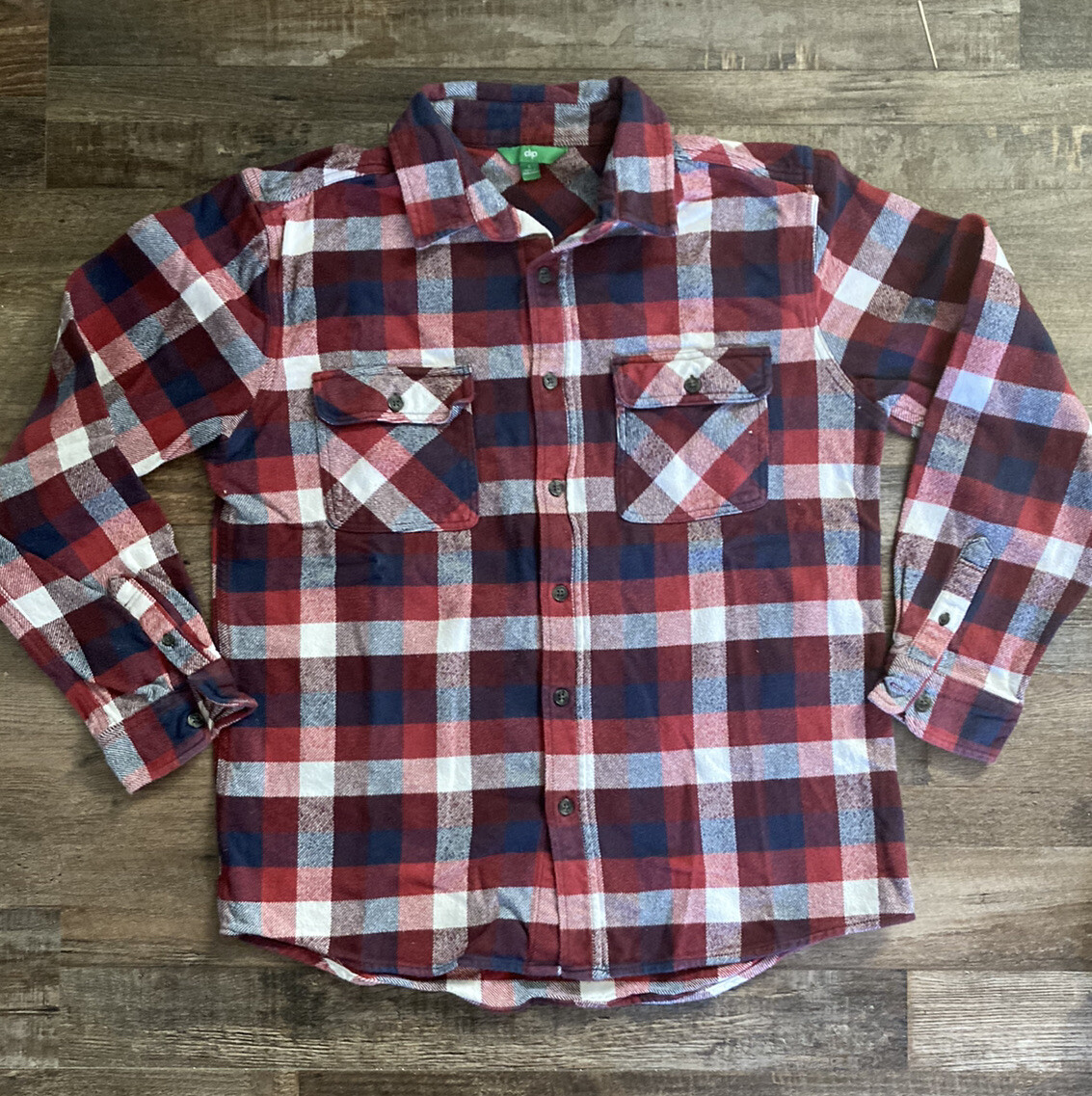 Men's Blue White Red Plaid Flannel Shirt - Large 100% Cotton  -image