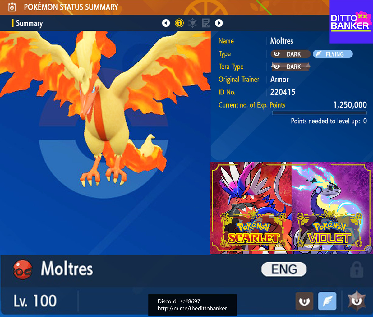 Pokemon Scarlet/Violet ✨ SHINY MOLTRES GALAR Lv.100 LEGENDARY 6IV Modest w/  MB