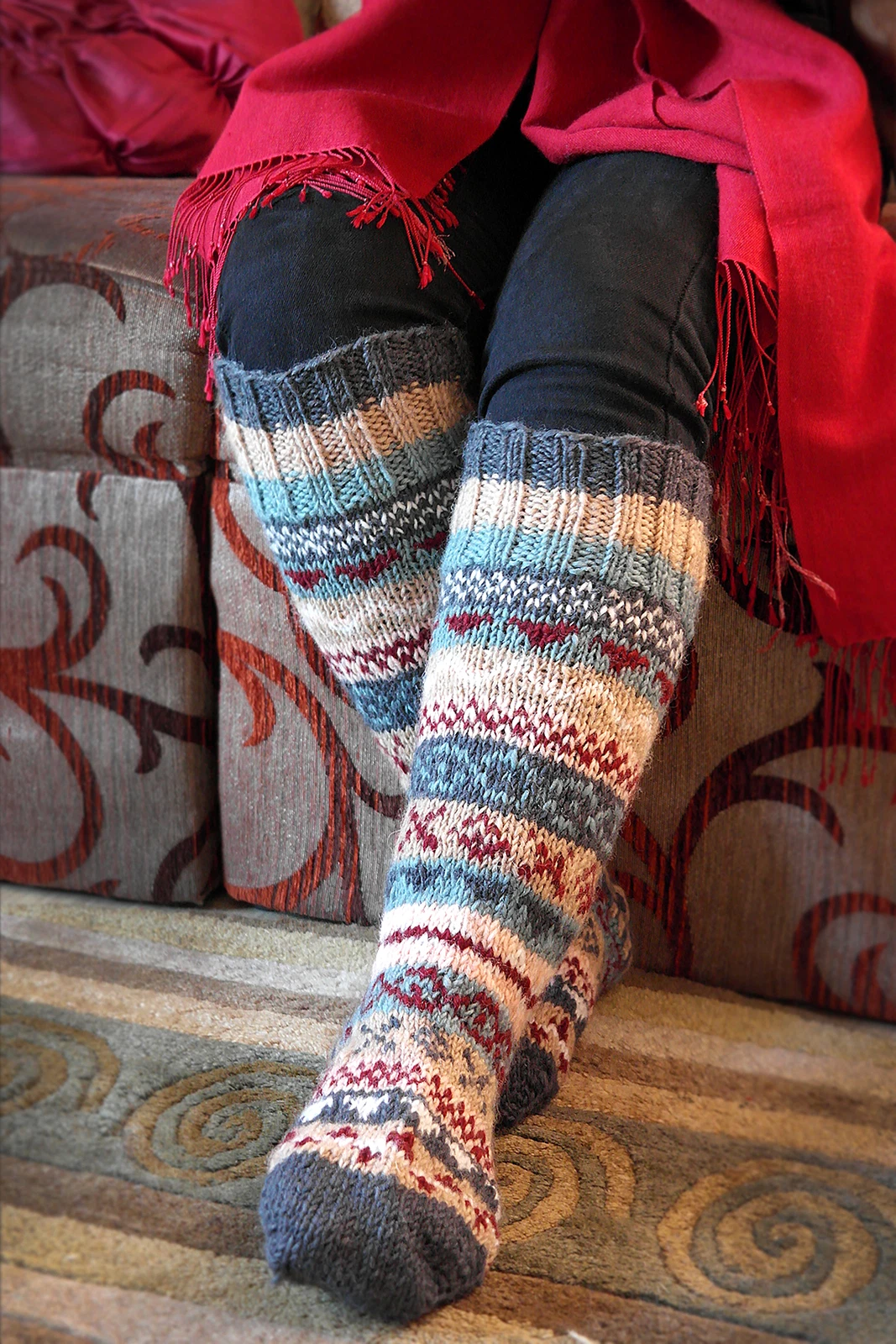 Cream, grey and maroon mixed color Woolen Knee High Socks, Christmas gift socks
Opens in a new windo