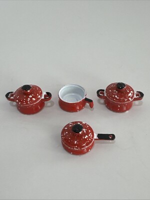 1:12 Scale Dollhouse Miniature Red Enamel Spatter ware Cookware Pots And Pans