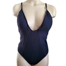 Lucky Brand Womens One Piece Swimsuit Black Textured Plunge Neck Tie Back M New