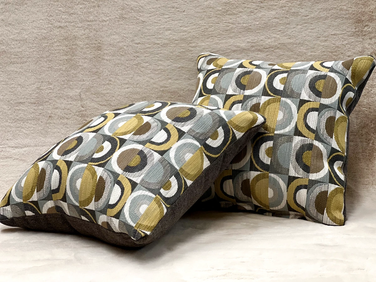 New Upholstered Throw Pillows Set of 2 18x18 Yellow Grey Blue Circle Design