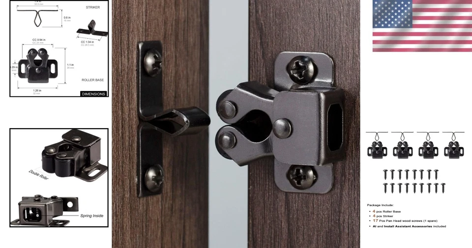 Juego de pestillos de gabinete de doble rodillo de níquel negro duradero - 4 piezas listas para instalar Foto 2 de 4