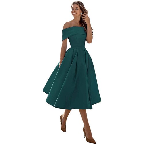 Women's Fashion Casual Strapless Satin Party Dress Off The Shoulder Tea Length S - Picture 29 of 106