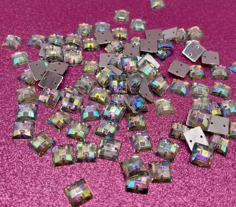 100 x Sew on Holed Acrylic Square 10mm Diamante Crystal Gems Rhinestone - Image 2 of 4