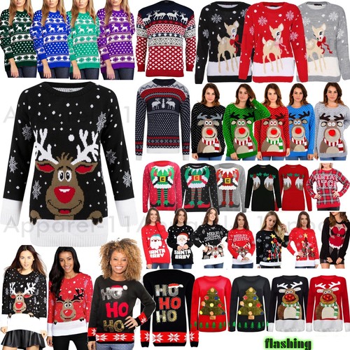 Womens Mens Ladies Unisex Xmas Christmas Jumpers Knitted Reindeer Retro 3D  LIGHT | eBay