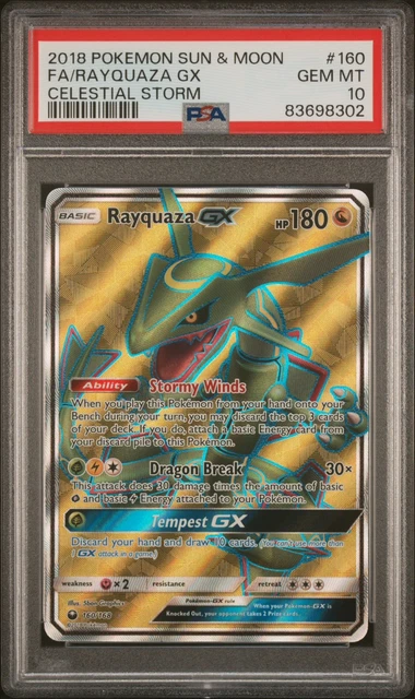 Pokemon 2018 Celestial Storm Rayquaza GX Full Art 160/168 Ultra Rare PSA 10