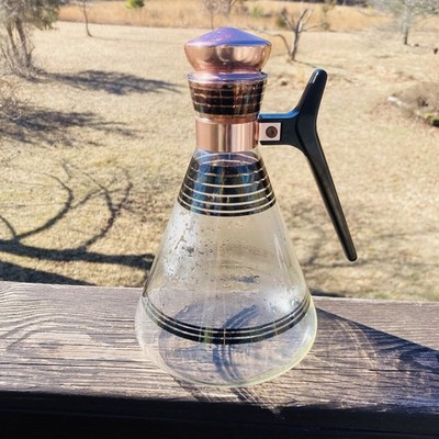 Atomic 1960s Inland Glass Coffee Carafe MCM Vintage Black Striped Copper Cork