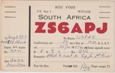 ZS6APJ Witbank, South Africa (eMalahleni) QSL Radio Postcard 1957 Cape Town SARL