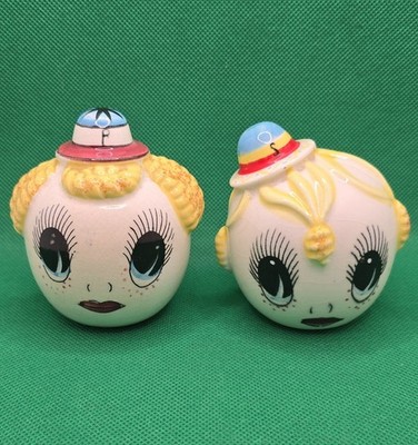 Pair of Vintage Royal Sealy Big Google Eye Pixie Salt & Pepper Shakers Girl Boy