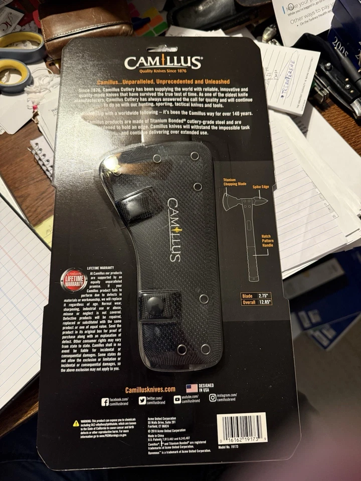 Tomahawk Camillus Ravenous negro titanio acero inoxidable con funda de cinturón 19173 Foto 3 de 3