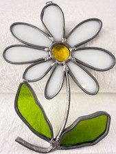 Stained Glass Suncatcher White Daisy Flower Handmade Vintage Leaded Window Decor