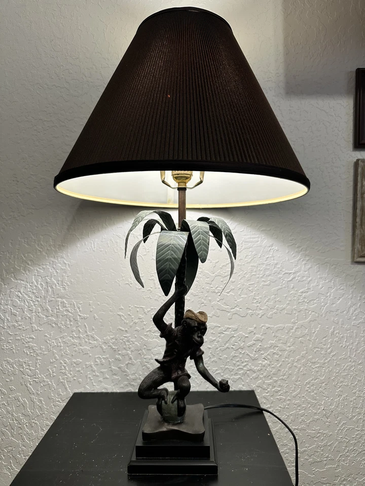 Vintage Palm Tree Brass Pirate/Sailor Monkey on ball holding apple table Lamp - Image 2 of 4
