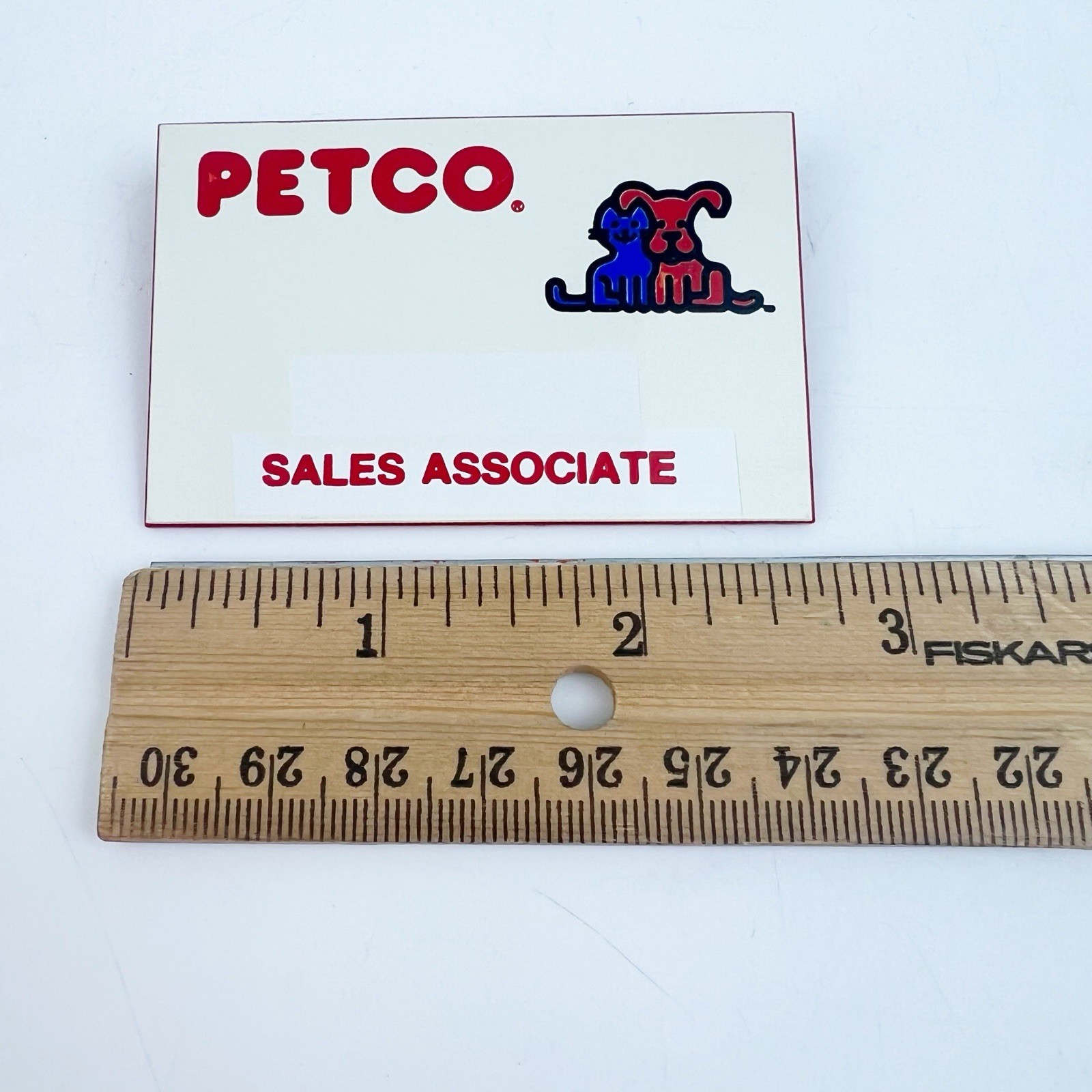 Vintage 90s Petco Employee Name Badge Tag Store ID Red Blue Dog Pin Pets