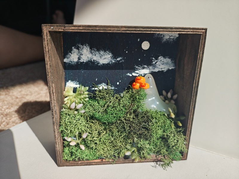 Gothic Ghost Night Sky Wood Art, Mossy Hill Moon, Preserved Moss 4x4x1.25 In