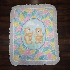 Vintage Baby Quilt Nursery Room Blanket Teddy Bears Ruffled Border Pastel Unisex