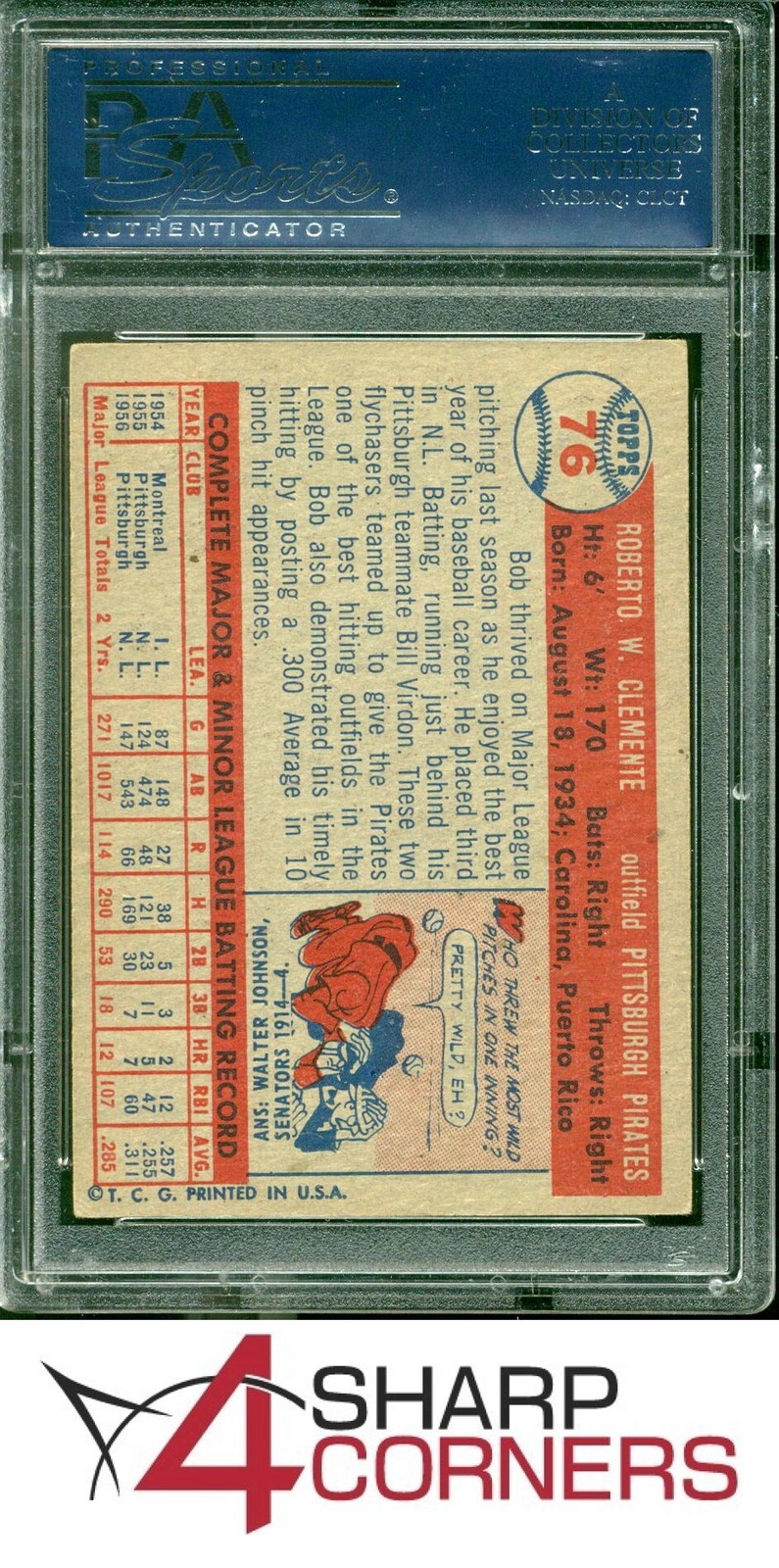 1957 TOPPS #76 ROBERTO BOB CLEMENTE PIRATES HOF PSA 5 view 2