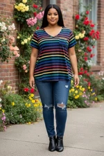 Torrid Women’s Plus 3X Rainbow Striped Top Pocket Heritage Slub V-Neck Shirt