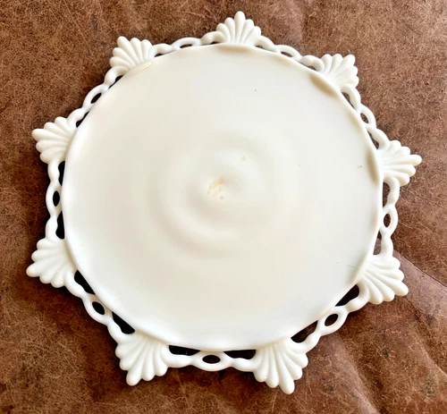Vintage Westmoreland Milk Glass Low Pedestal Cake Stand Reticulated Open Lace 9"