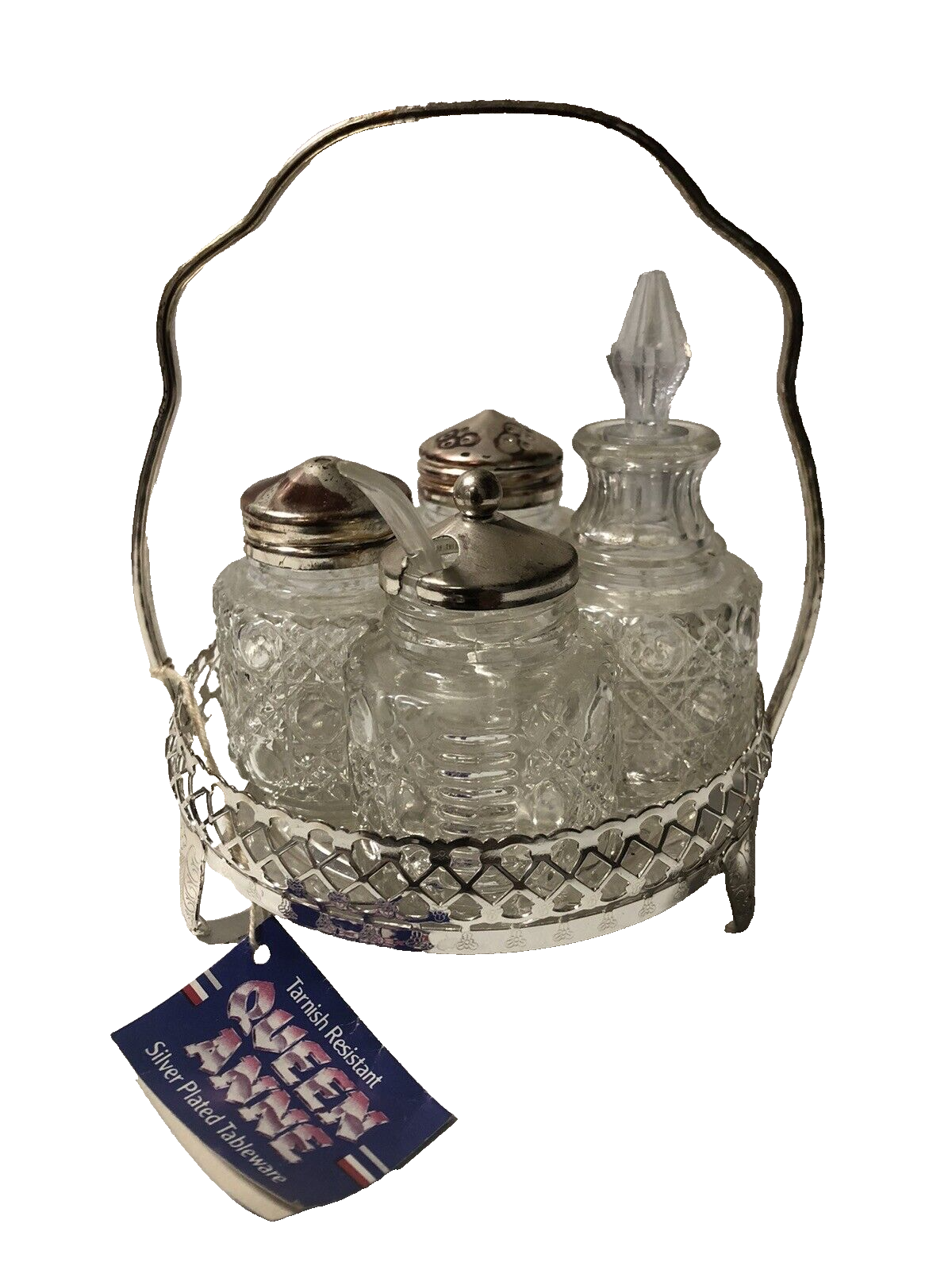 Vintage Queen Anne England Silver Plated Condiments Cruet Server Set