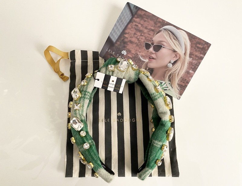 NEW $195 Lele Sadoughi Crystal Rhinestone Gold Green White Plaid Knot Hairband