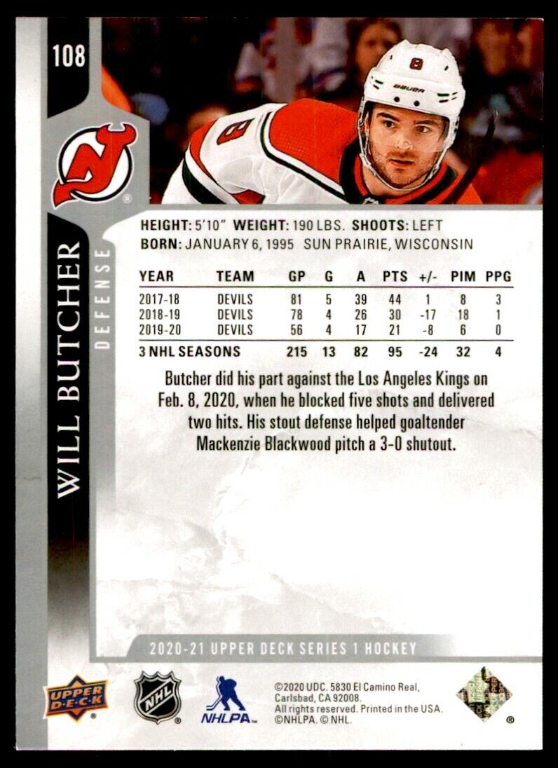  2020-21 Upper Deck Series 1#108 Will Butcher New Jersey Devils  Hockey Card : Collectibles & Fine Art