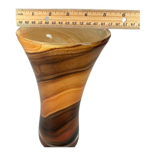 Hand Blown Glass Vase Brown Orange Tan 8.5" Tall Swirl Design - Picture 7 of 8