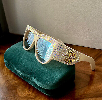 GUCCI HOLLYWOOD FOREVER Ivory W/Iridescent Crystal Mirror Lens Sunglasses  $1450