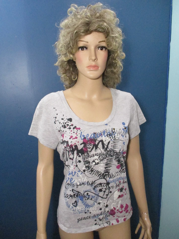 XL Gris Salpicaduras Texto Cuello Redondo Camiseta Top Blusa por L.E.I. bolsillo frontal con tachuelas Foto 2 de 4