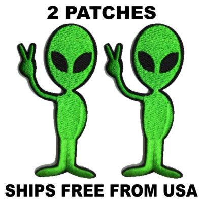 2 Green ALIEN Patches with Black Outline Peace Out Embroidered Patches 3. 25''
