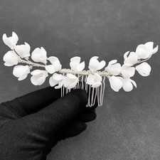 Elegant Ceramic Flower Wedding Hair Comb Silver Vine Hair Piece Accessory