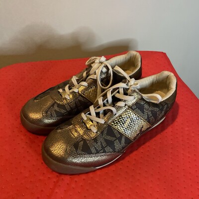 michael kors catelyn stripe lace up gold and brown sneakers Sz 10