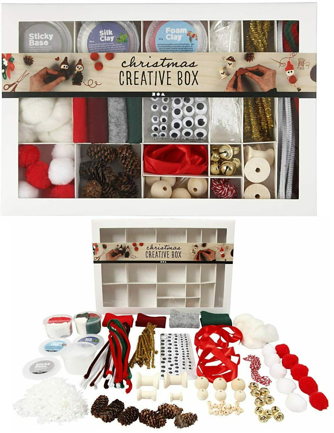 Creative  Christmas Craft Decorations Box Pom Poms Wiggly Eyes Ribbons Clay +++