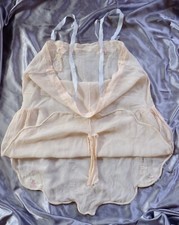 1920s Antique Chiffon Flower Embroidered Teddy Lingerie Peach Semi Sheer Small