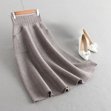 Damen Strick Hohe Taille Midirock A-Linie Slim Fit Rock Mit Taschen Warm Winter