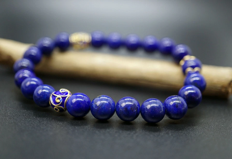 Браслет с бисером лазурит посеребренный с золотом и эмалью ручной работы 8 мм - Изображение 3 из 4