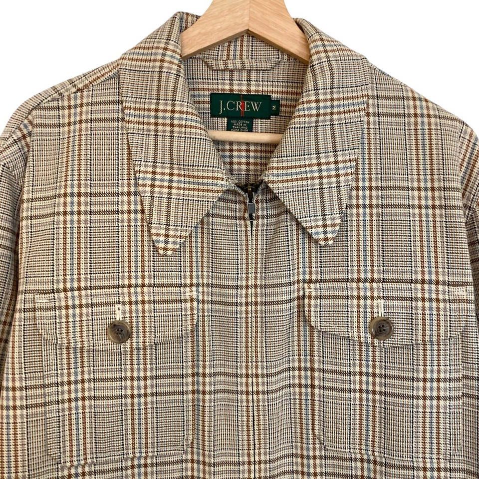 Vintage J CREW Glen Plaid Zip Up Jacket Mens Size M Cotton Brown