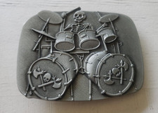 Silver Tone Skull Skeleton Playing Drums Belt Buckle Biker Heavy Metal Rock
