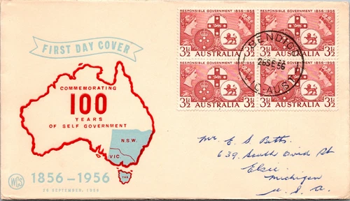 Australia FDC 1956 - 100 Years of Self Government SA - Bendigo, VIC - F31083
