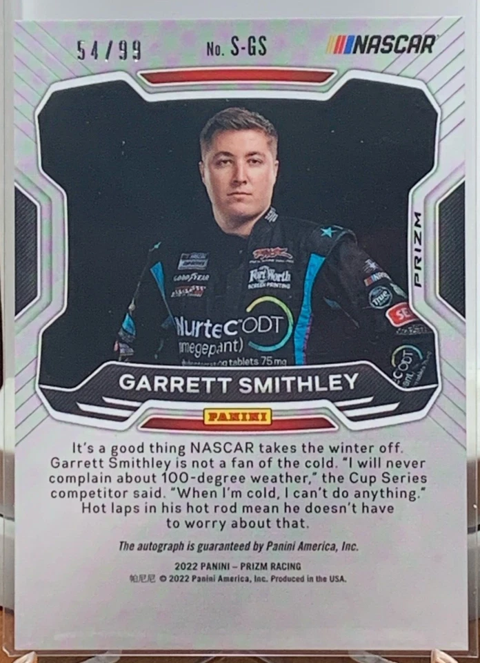 Garrett Smithley 2022 Panini Prizm Sensational Signatures Purple Velocity 54/99 - Image 2 of 2