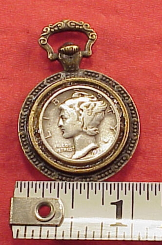 Miniature Silver Mercury Dime Pocket Watch Fob Chain Charm Pendant Drop - Picture 1 of 3