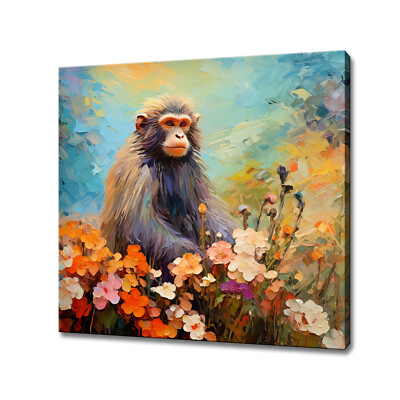 Cute Monkey In Flowers Field Colourful Canvas Print Wall Art Animal Picture Gift
