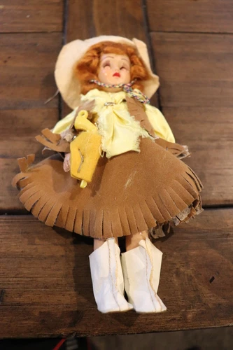 Vintage 50's Dutchess Doll Co. Cowgirl Plastic Doll 7.5" Red Hair Blue Eyes